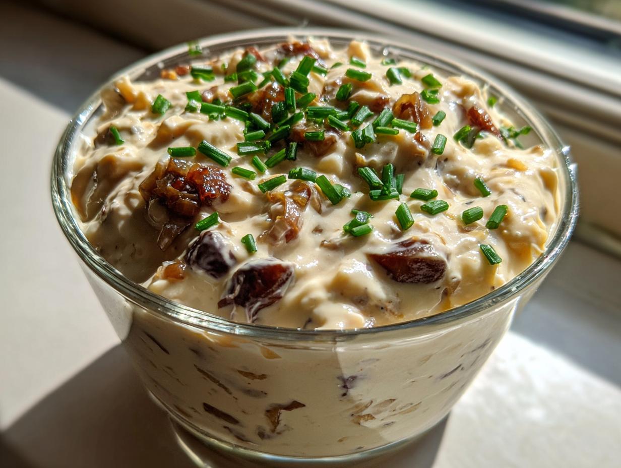 Close-up of creamy onion dip topped with caramelized onions and fresh chives in a glass bowl.