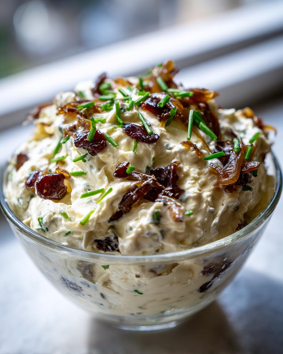 Close-up of a creamy homemade onion dip topped with caramelized onions and fresh chives.