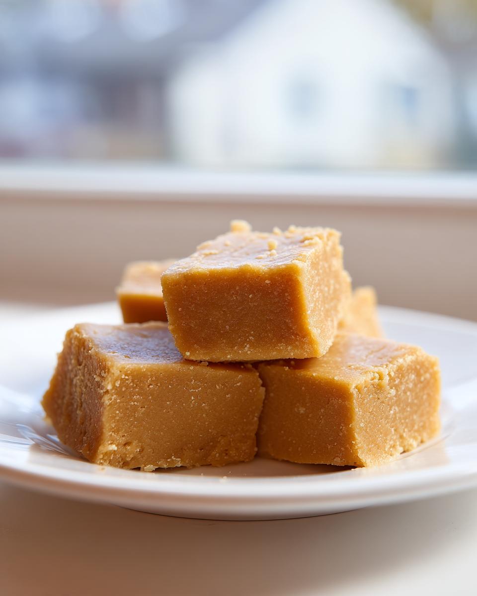 Close-up of several creamy, light brown squares of penuche fudge stacked on a white plate near a window.