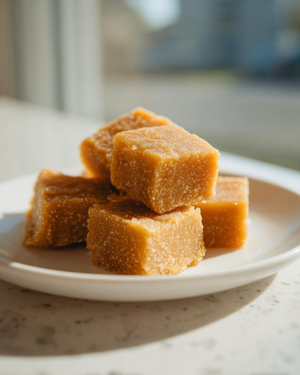 Stack of five rich, brown sugar penuche fudge squares resting on a small white plate.
