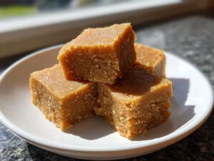 Three squares of rich, brown penuche fudge stacked on a small white plate, showing a slightly grainy texture.