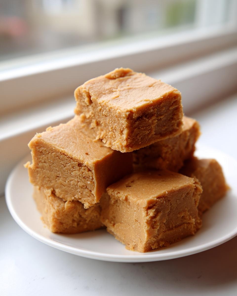 A stack of creamy, light brown squares of homemade penuche fudge resting on a white plate near a window.