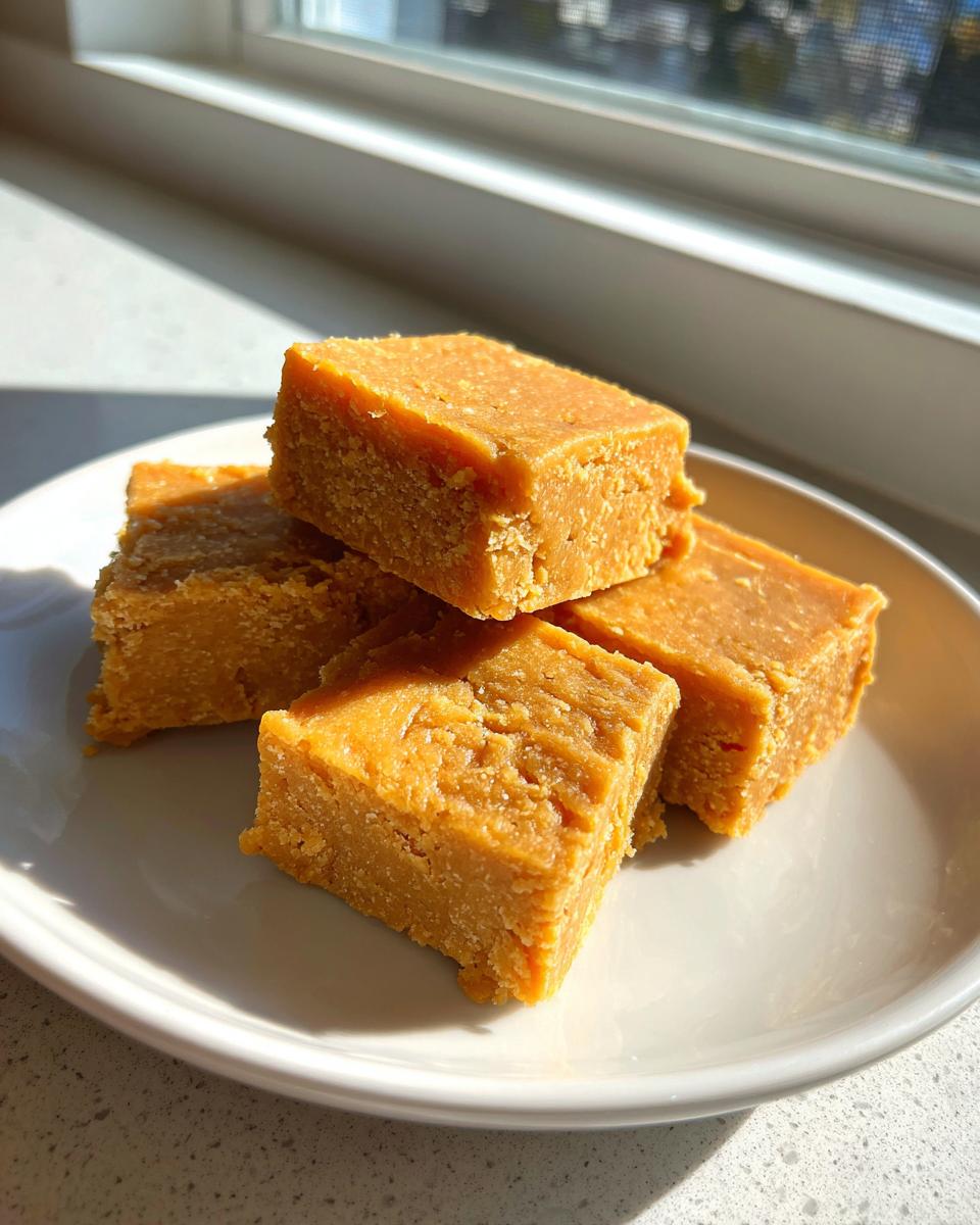 Four squares of rich, golden brown penuche fudge stacked on a white plate near a sunny window.