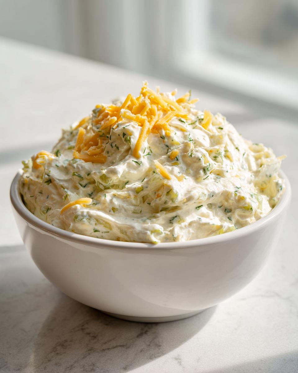 A white bowl filled high with creamy pickle dip, topped with shredded cheddar cheese.