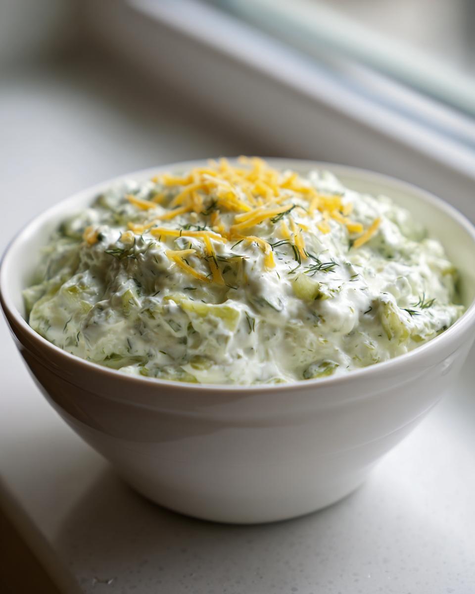 A white bowl filled with creamy, chunky pickle dip topped with shredded cheddar cheese and fresh dill.