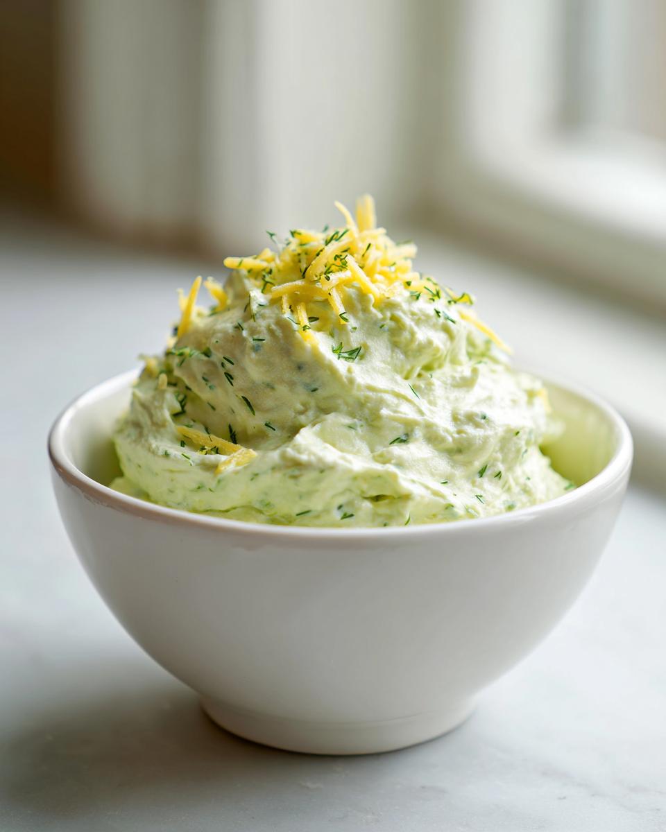 A creamy, pale green pickle dip topped with shredded cheese and fresh dill in a white serving bowl.