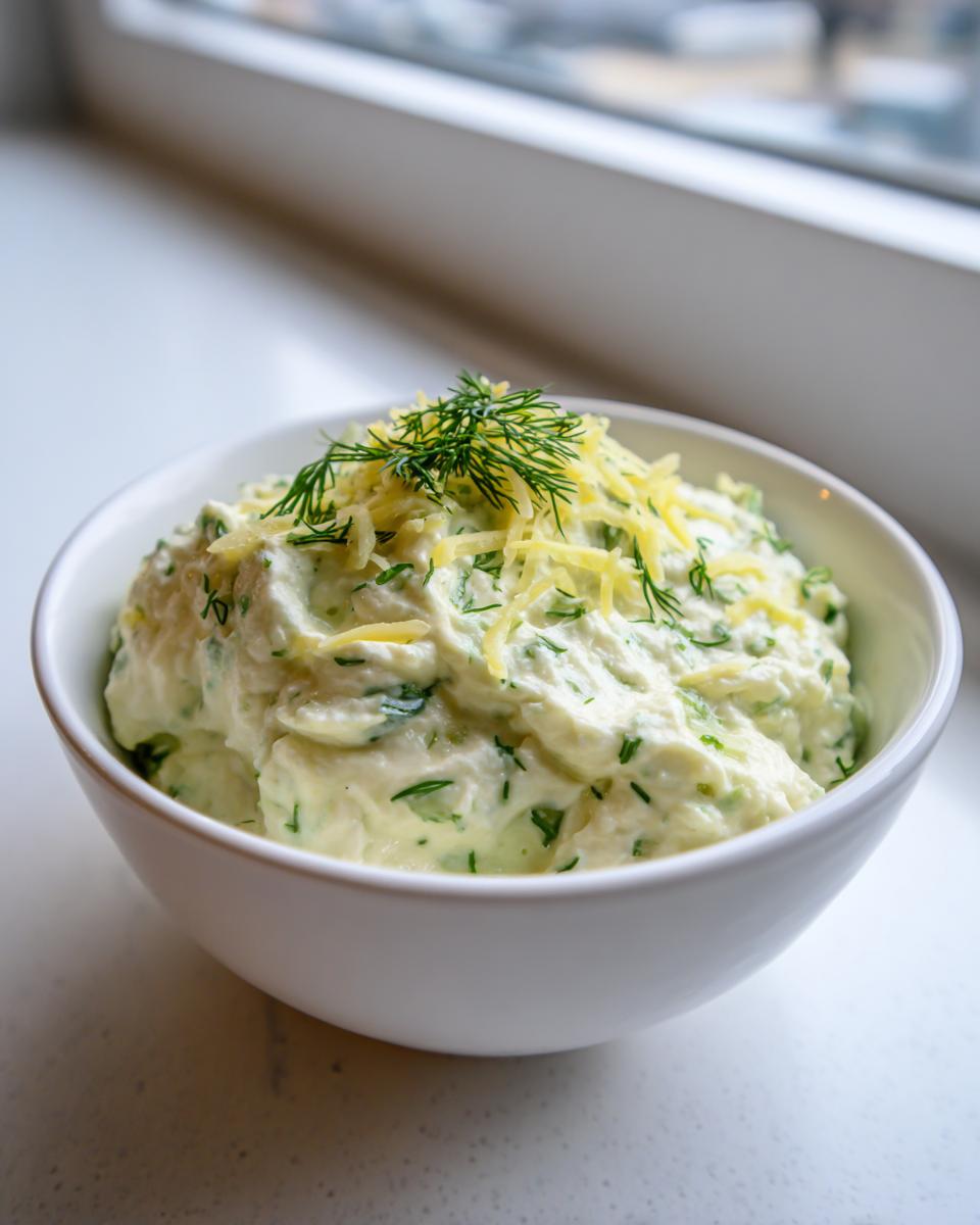 A white bowl filled with creamy pickle dip, garnished with shredded cheese and fresh dill.
