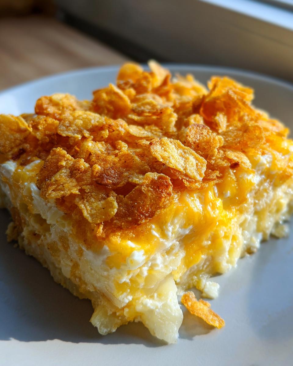 A close-up serving of creamy potato casserole topped generously with crispy, golden corn flakes.