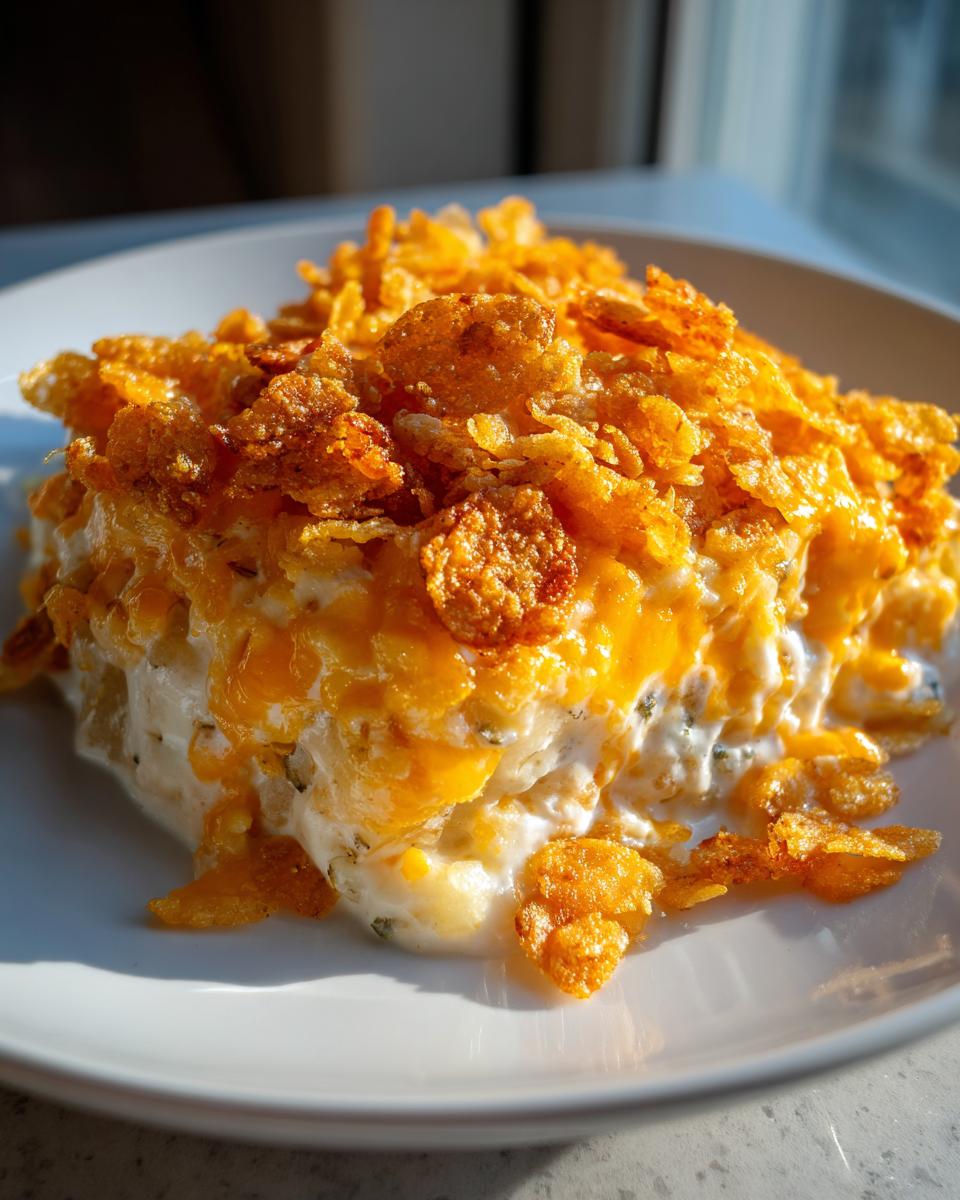 A close-up of a creamy potato casserole slice topped with melted cheddar cheese and crispy, golden corn flakes.