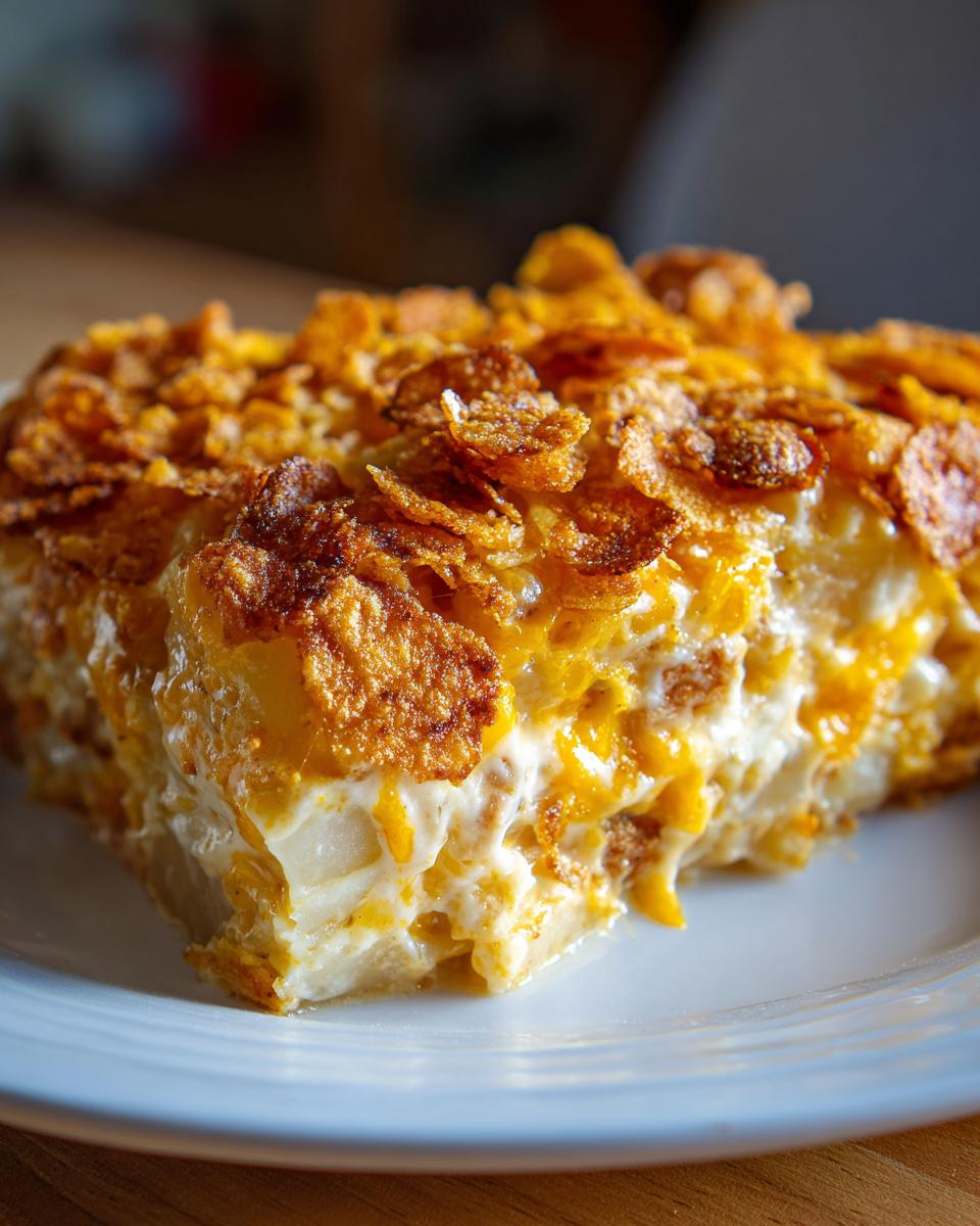 A close-up of a serving of creamy potato casserole topped with melted cheese and a golden, crunchy cornflake crust.