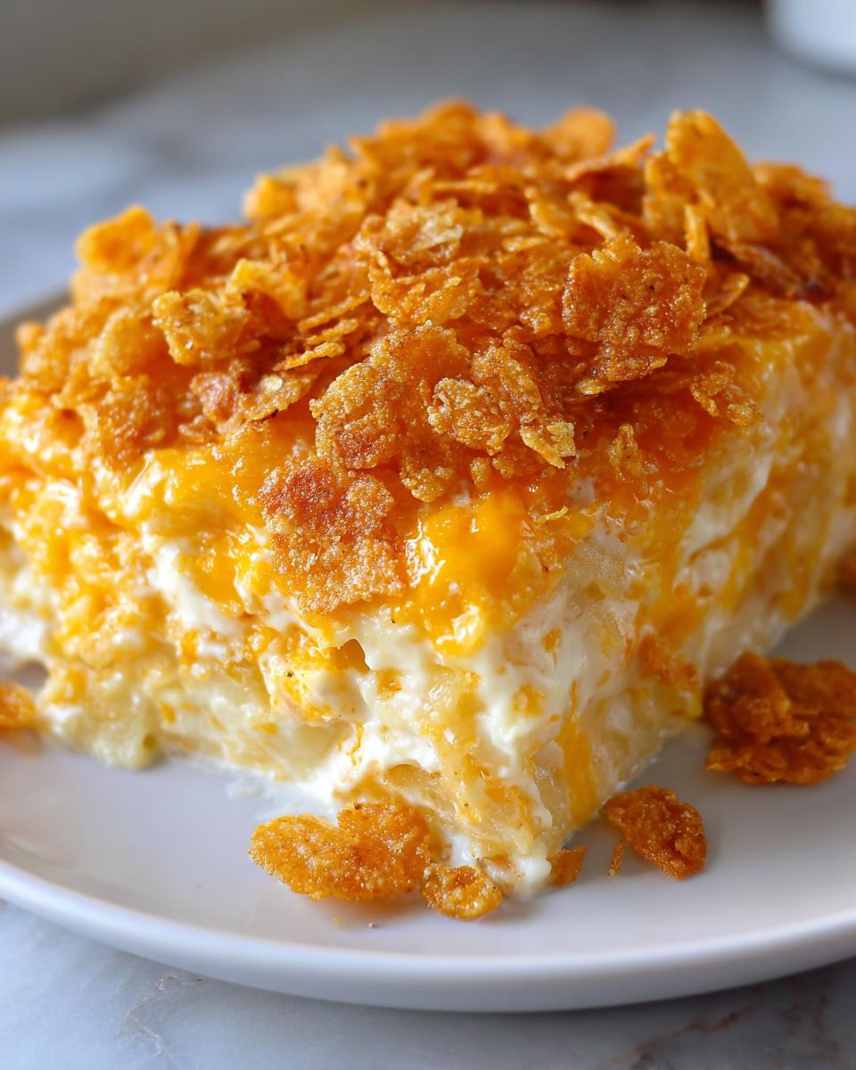 A close-up slice of creamy potato casserole topped with melted cheddar cheese and crunchy cornflakes.
