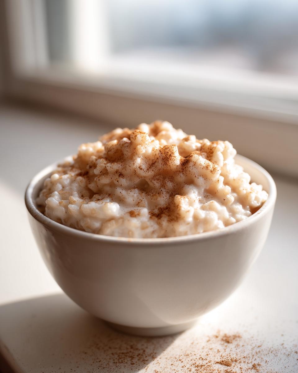 A white bowl filled with creamy rice pudding recipe, generously sprinkled with cinnamon.