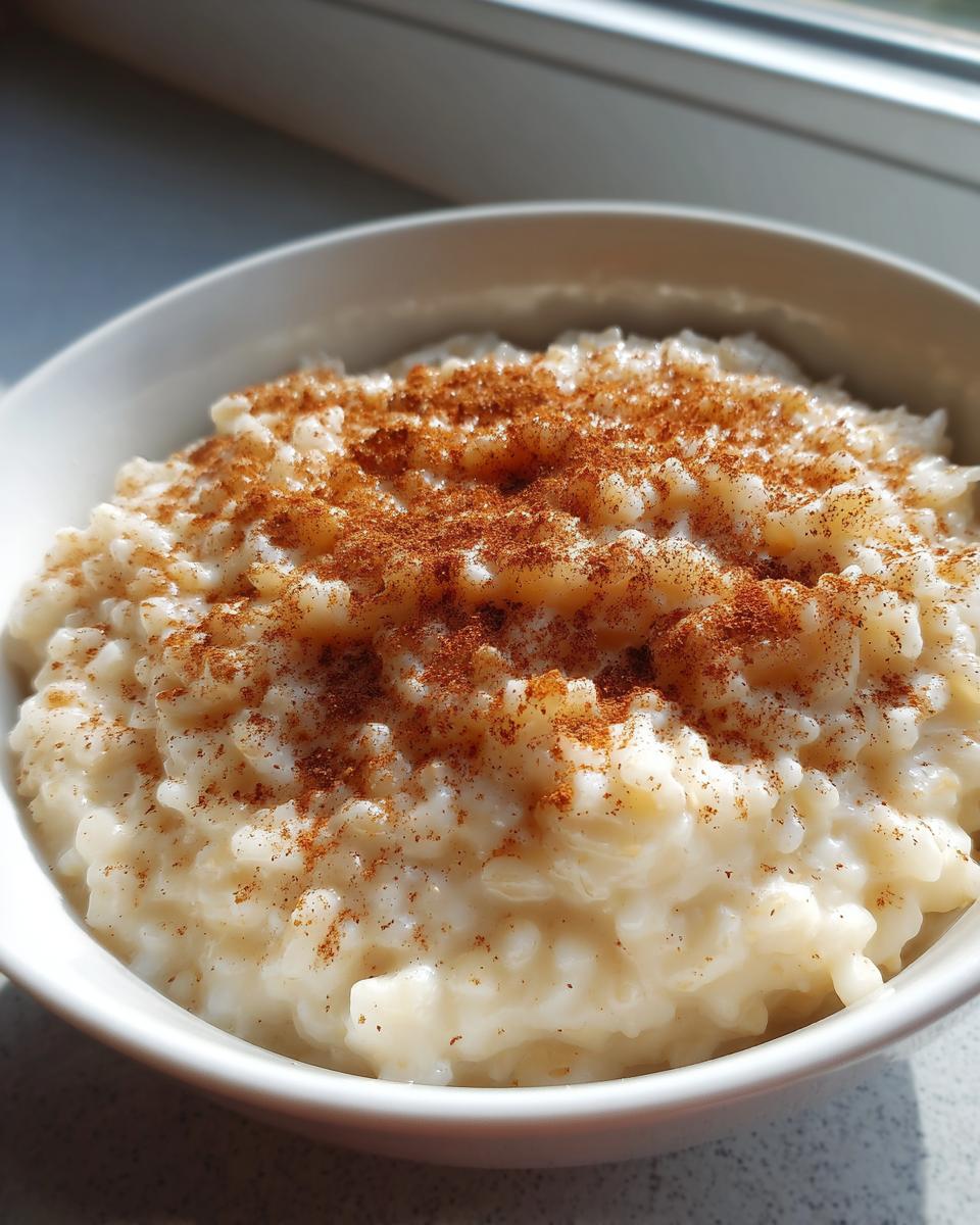 Close-up of a creamy rice pudding recipe served in a white bowl, generously dusted with ground cinnamon.