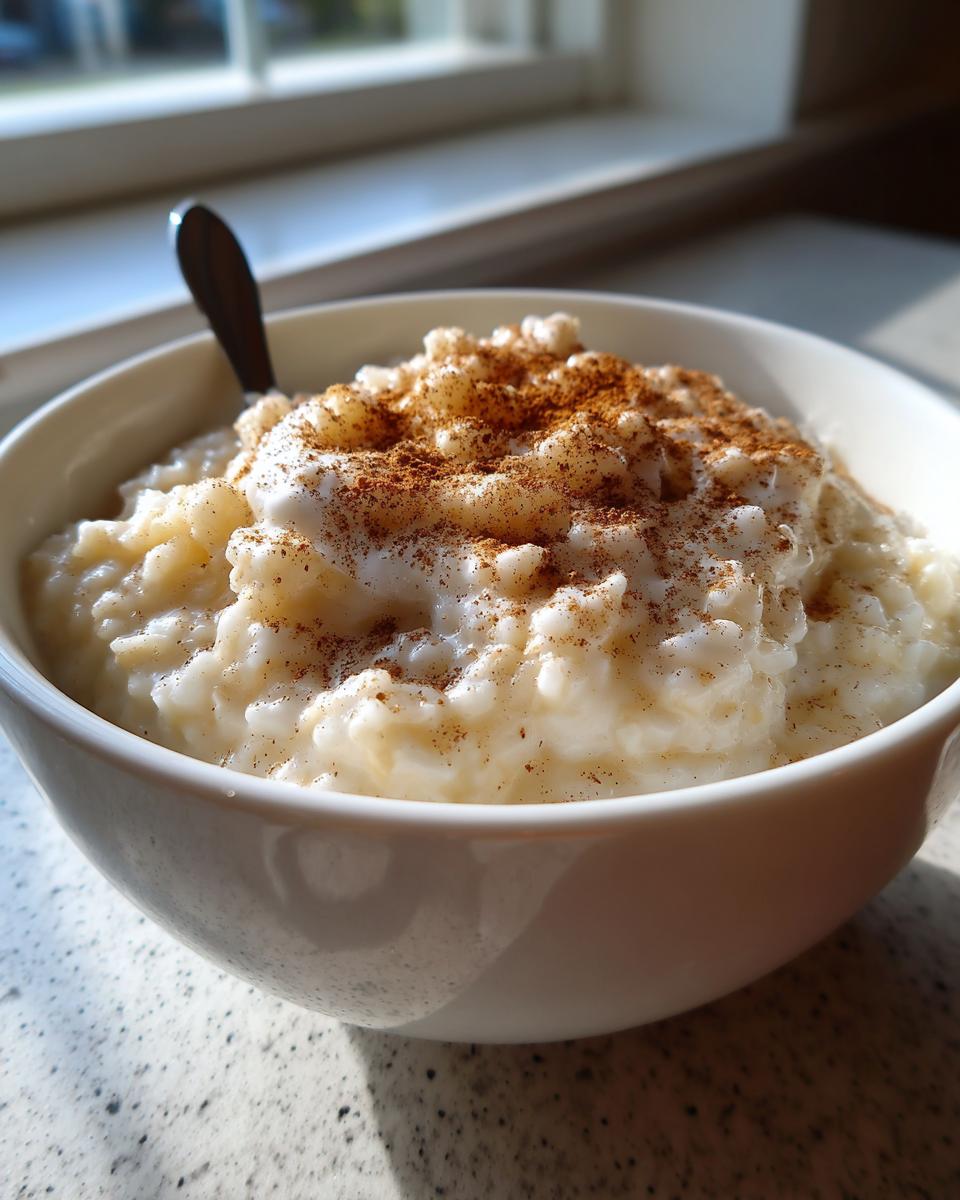 Close-up of a creamy bowl of rice pudding recipe sprinkled generously with cinnamon.