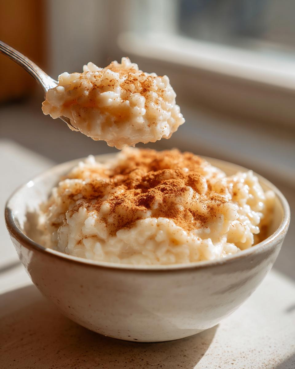 A spoonful of creamy rice pudding topped with cinnamon being lifted from a bowl.