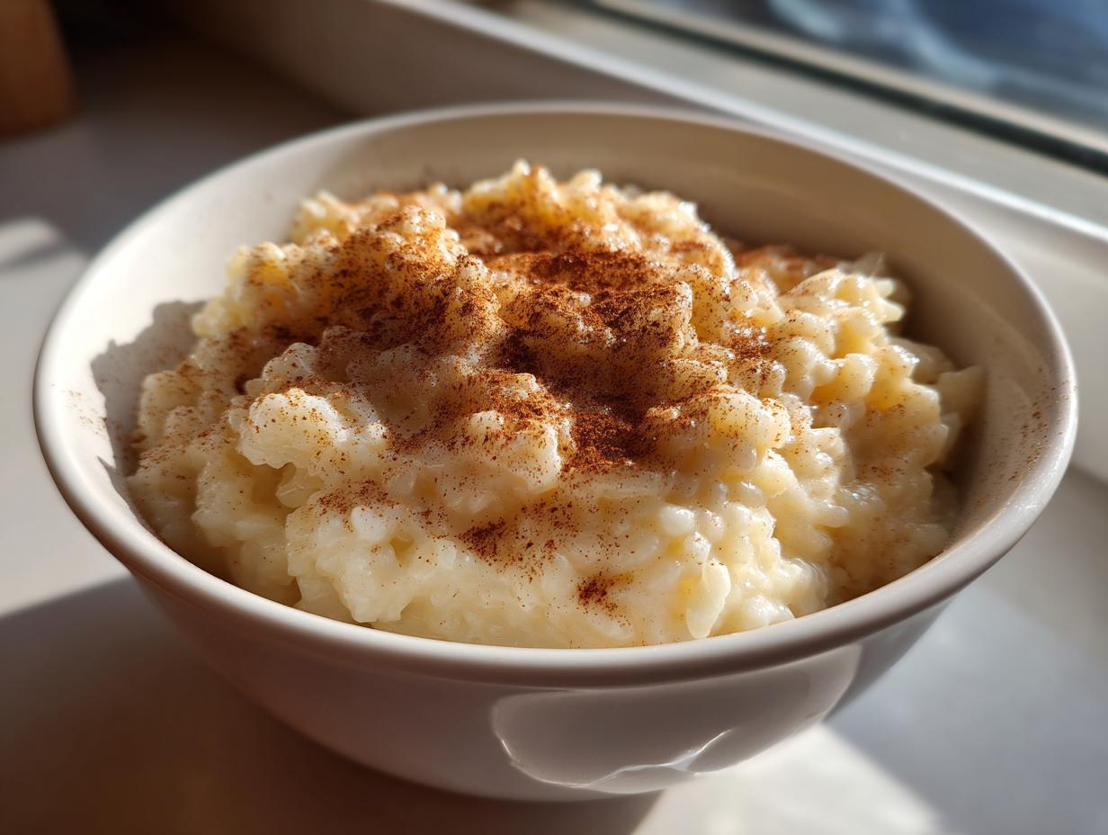 Close-up of a bowl of creamy rice pudding recipe topped generously with ground cinnamon.