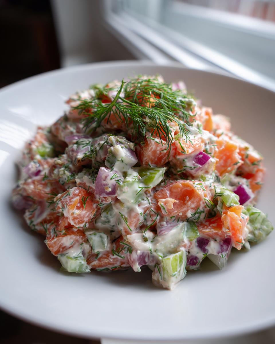 Close-up of a creamy salmon salad featuring chunks of salmon, red onion, cucumber, and fresh dill.
