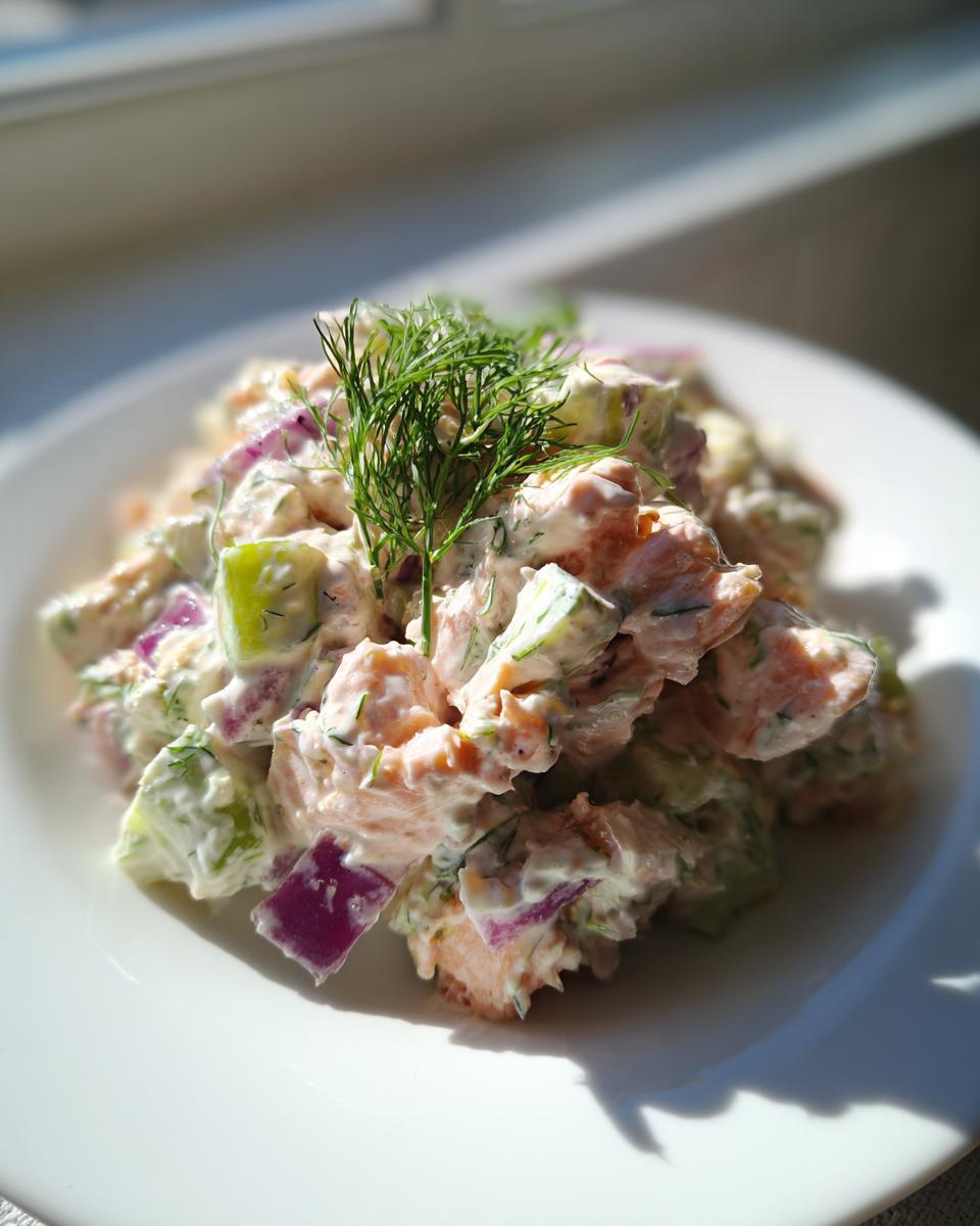A serving of creamy salmon salad mixed with chunks of cucumber and red onion, garnished with fresh dill.