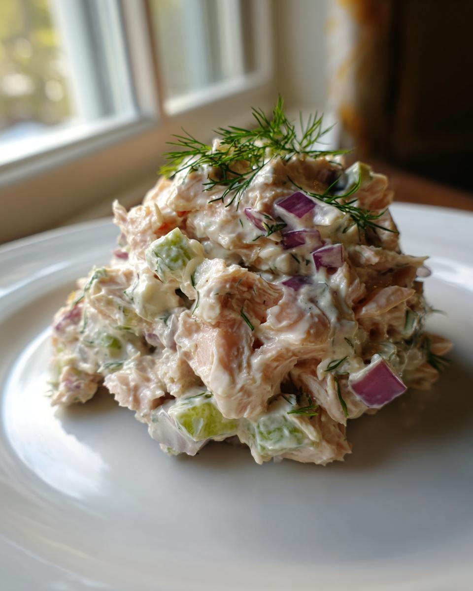 Close-up of a scoop of creamy salmon salad mixed with red onion and celery, topped with fresh dill.