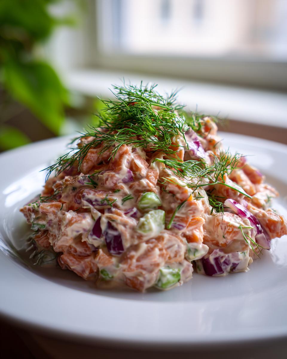 A mound of creamy salmon salad mixed with red onion and celery, topped generously with fresh dill.