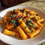 Close-up of creamy sausage pasta featuring rigatoni, crumbled sausage, and wilted spinach, topped with Parmesan.