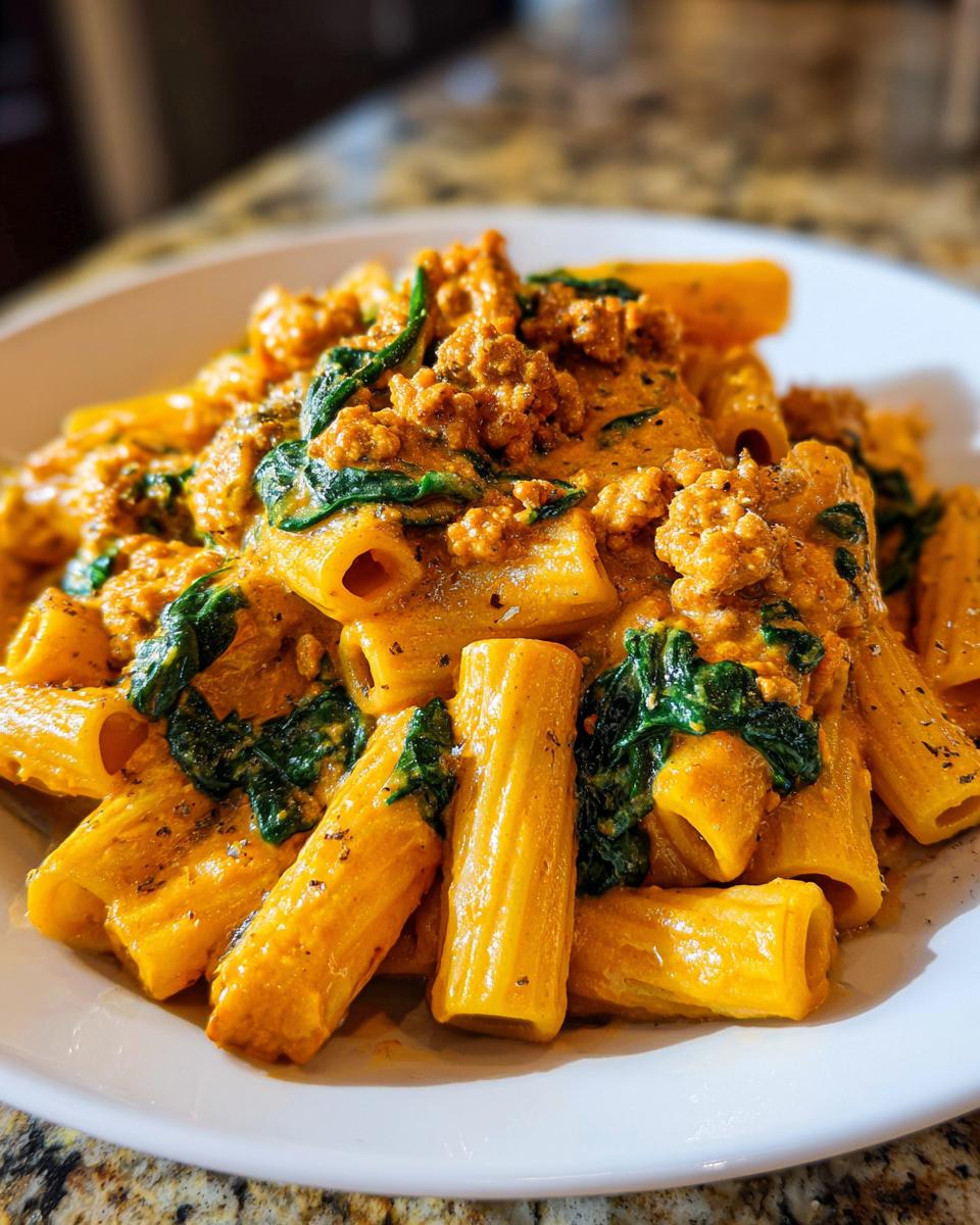 Close-up of creamy sausage pasta featuring rigatoni tubes coated in an orange sauce with crumbled sausage and wilted spinach.