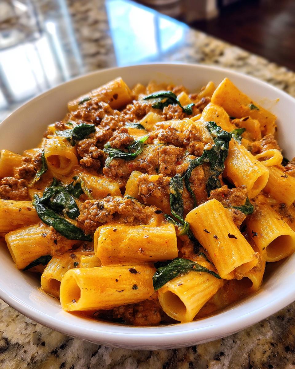 Close-up of creamy sausage pasta featuring rigatoni tubes mixed with crumbled sausage and wilted spinach.