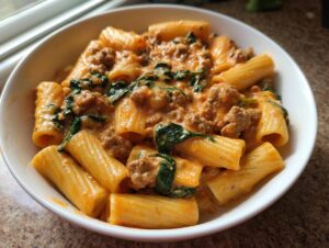 Close-up of a white bowl filled with creamy sausage pasta featuring rigatoni, crumbled sausage, and wilted spinach.