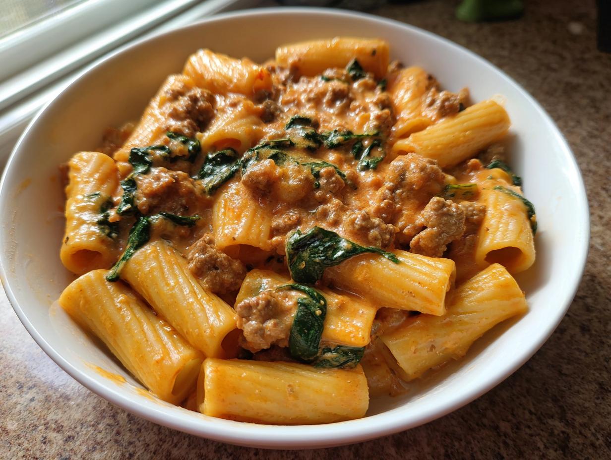Close-up of a white bowl filled with creamy sausage pasta featuring rigatoni, crumbled sausage, and wilted spinach.