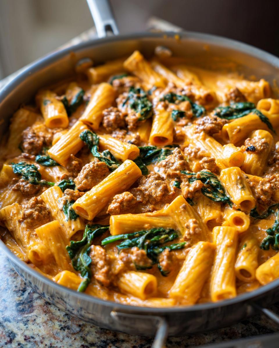 Close-up of creamy sausage pasta made with rigatoni, ground sausage, and wilted spinach in a stainless steel skillet.