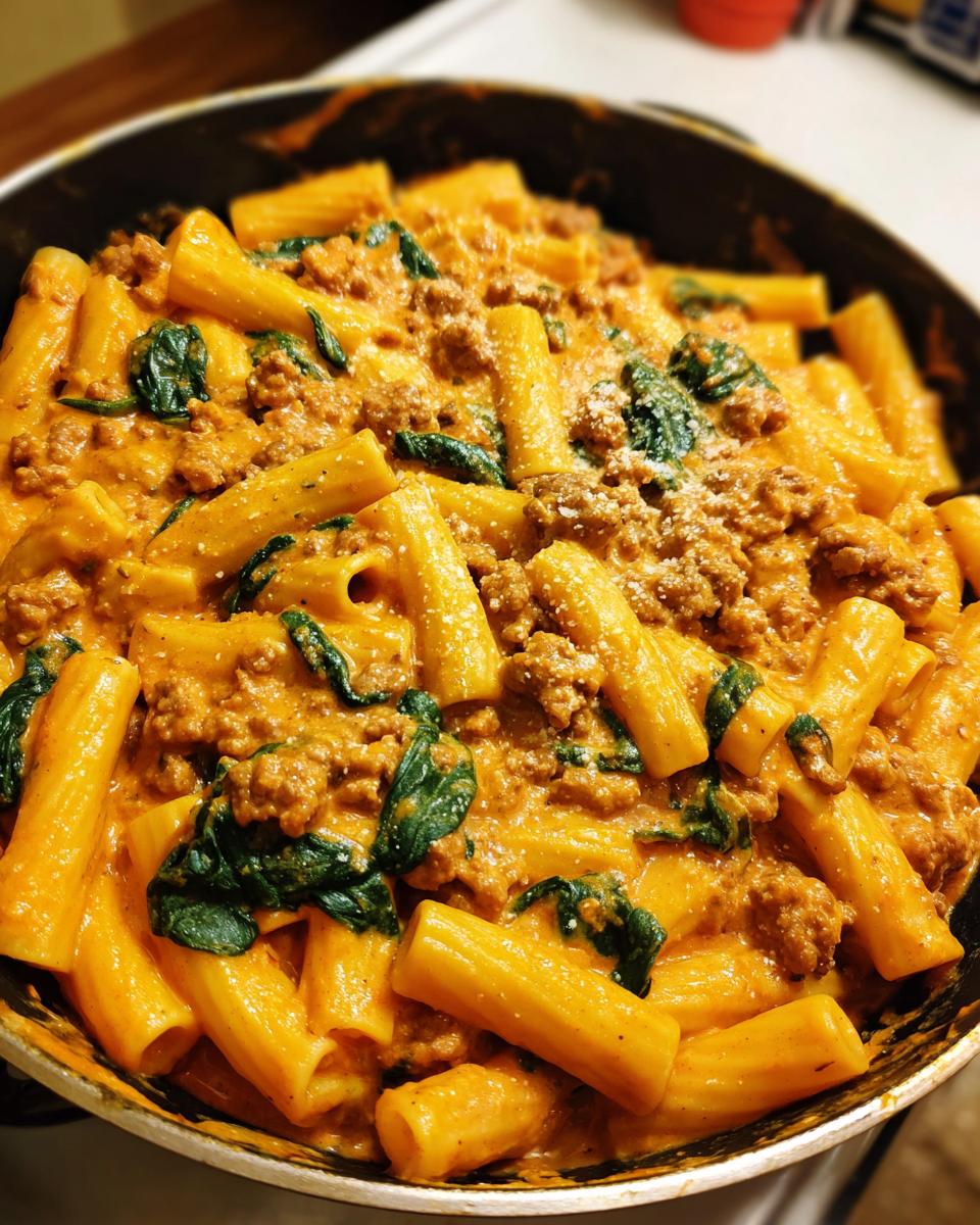 Close-up of creamy sausage pasta with rigatoni noodles and wilted spinach in a dark skillet.