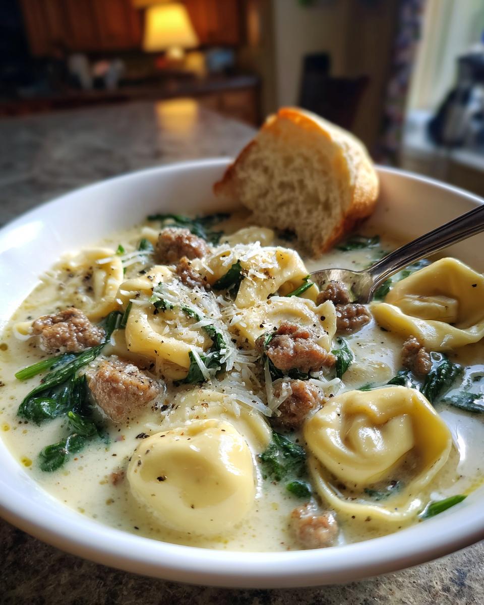 Close-up of a bowl of creamy sausage tortellini soup topped with spinach, grated parmesan, and cracked black pepper.