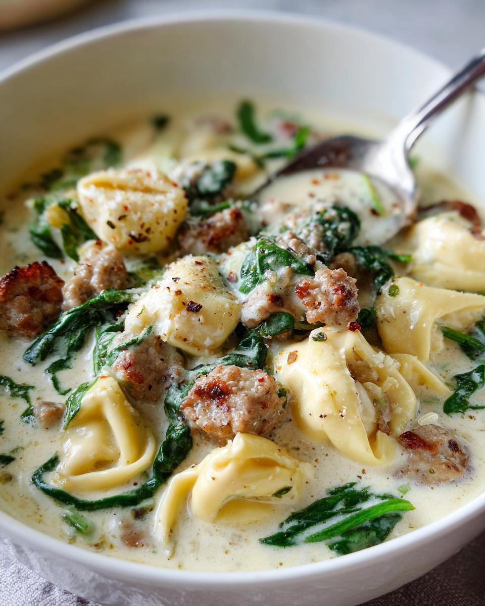 Close-up of creamy sausage tortellini soup featuring tortellini pasta, crumbled sausage, and wilted spinach.