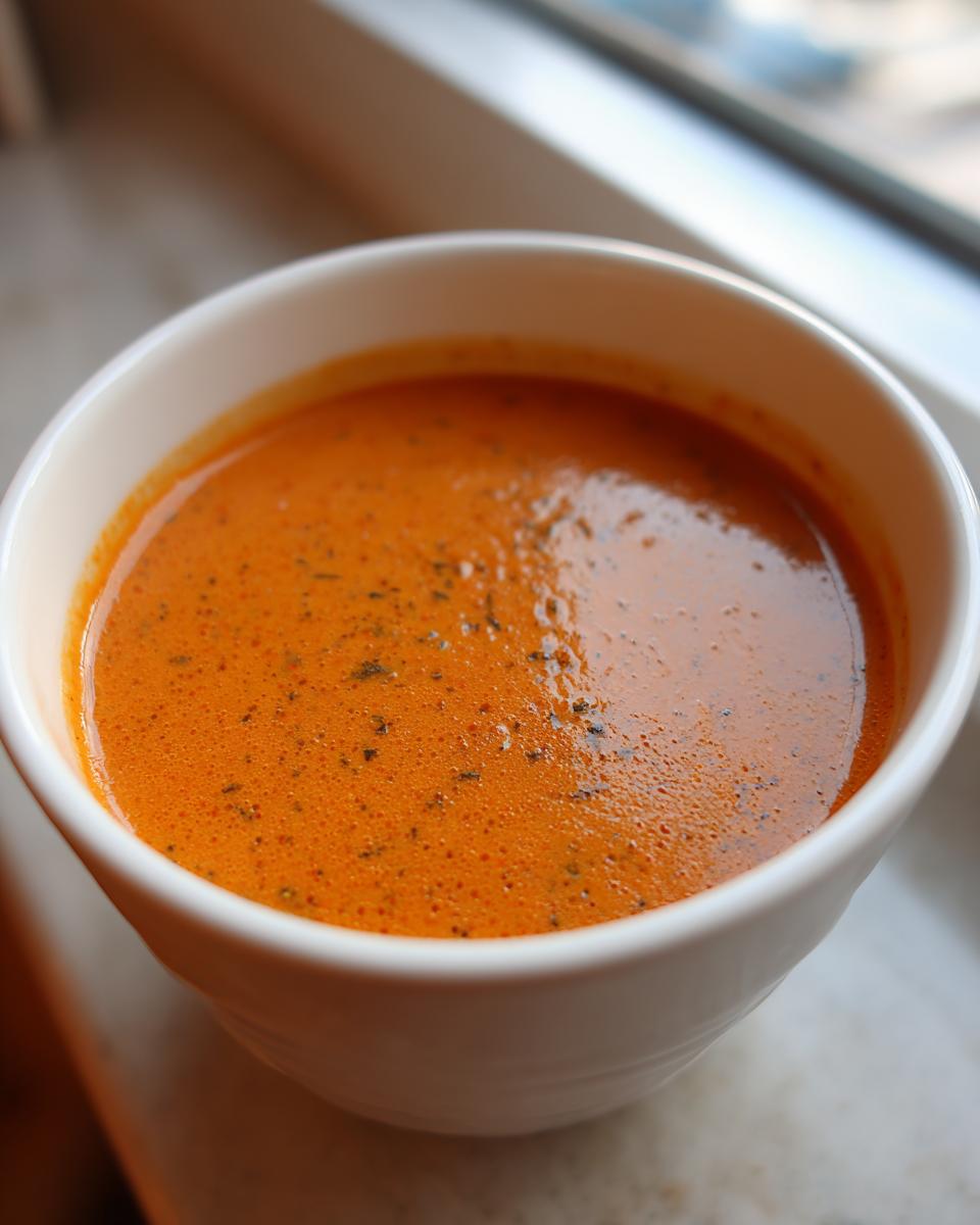 Close-up of a rich, orange-red bowl of creamy tomato basil soup, garnished with herbs.
