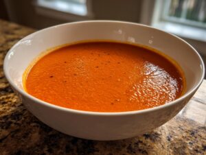 Close-up of a white bowl filled with vibrant, creamy tomato basil soup, seasoned with pepper.