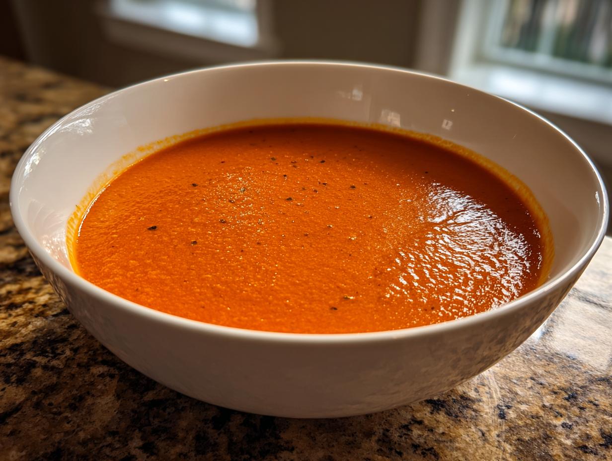 Close-up of a white bowl filled with vibrant, creamy tomato basil soup, seasoned with pepper.