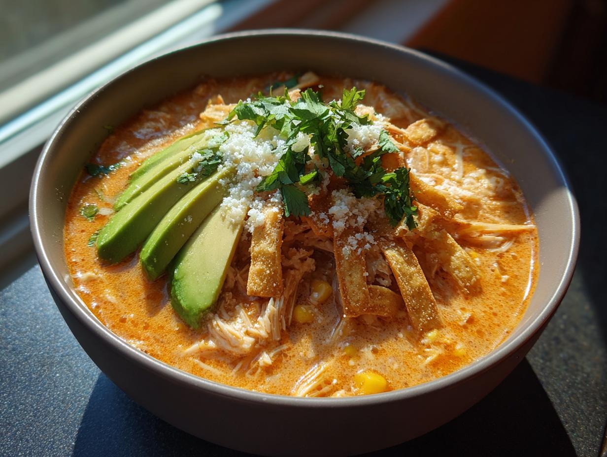 Close-up of a bowl of creamy, orange-hued tortilla soup topped with avocado slices, cotija cheese, cilantro, and tortilla strips.