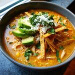 A close-up view of a bowl of rich, orange tortilla soup recipe topped with avocado slices, crumbled cheese, and tortilla strips.