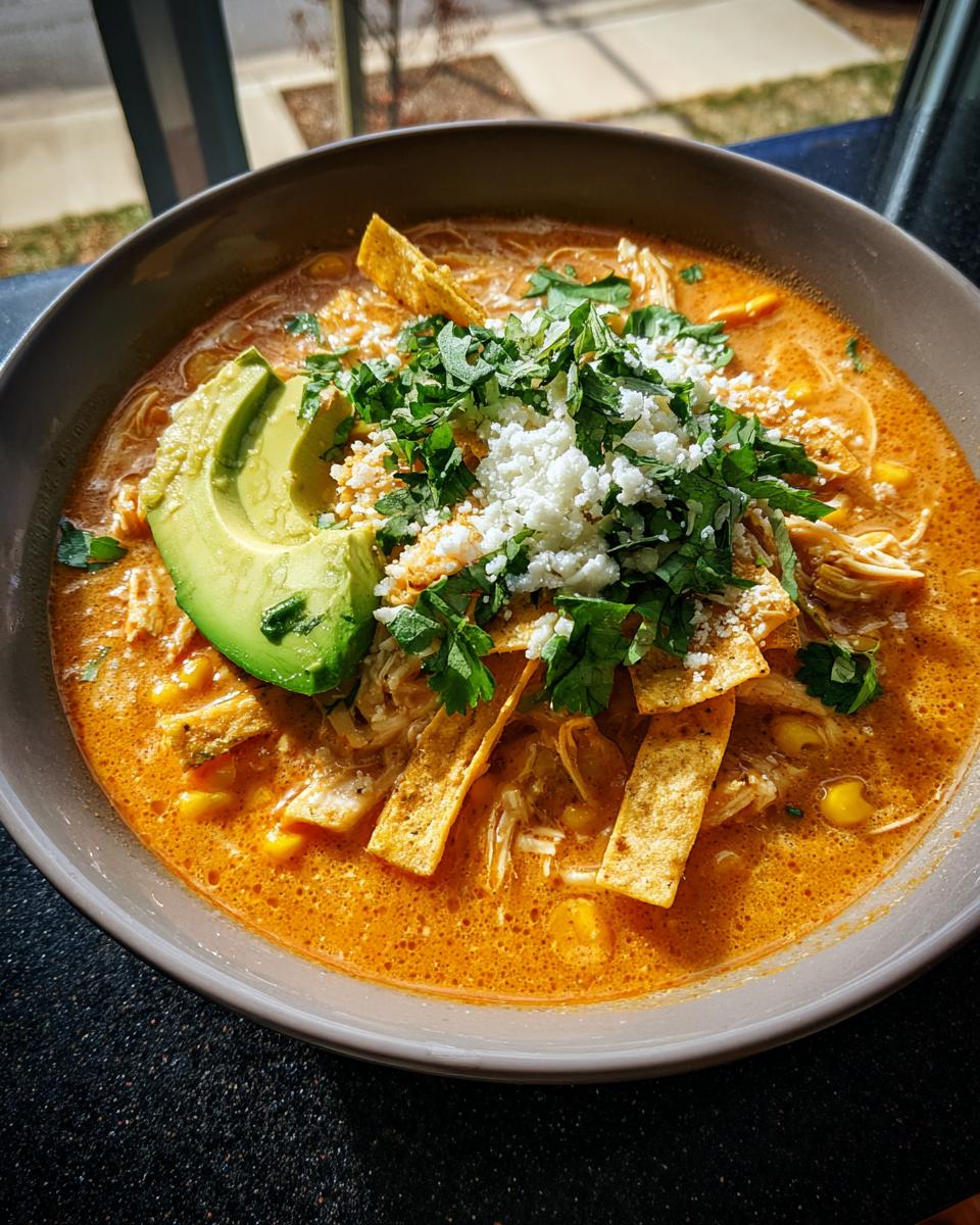A close-up bowl of creamy, orange-hued tortilla soup recipe topped with avocado, cheese, cilantro, and tortilla strips.