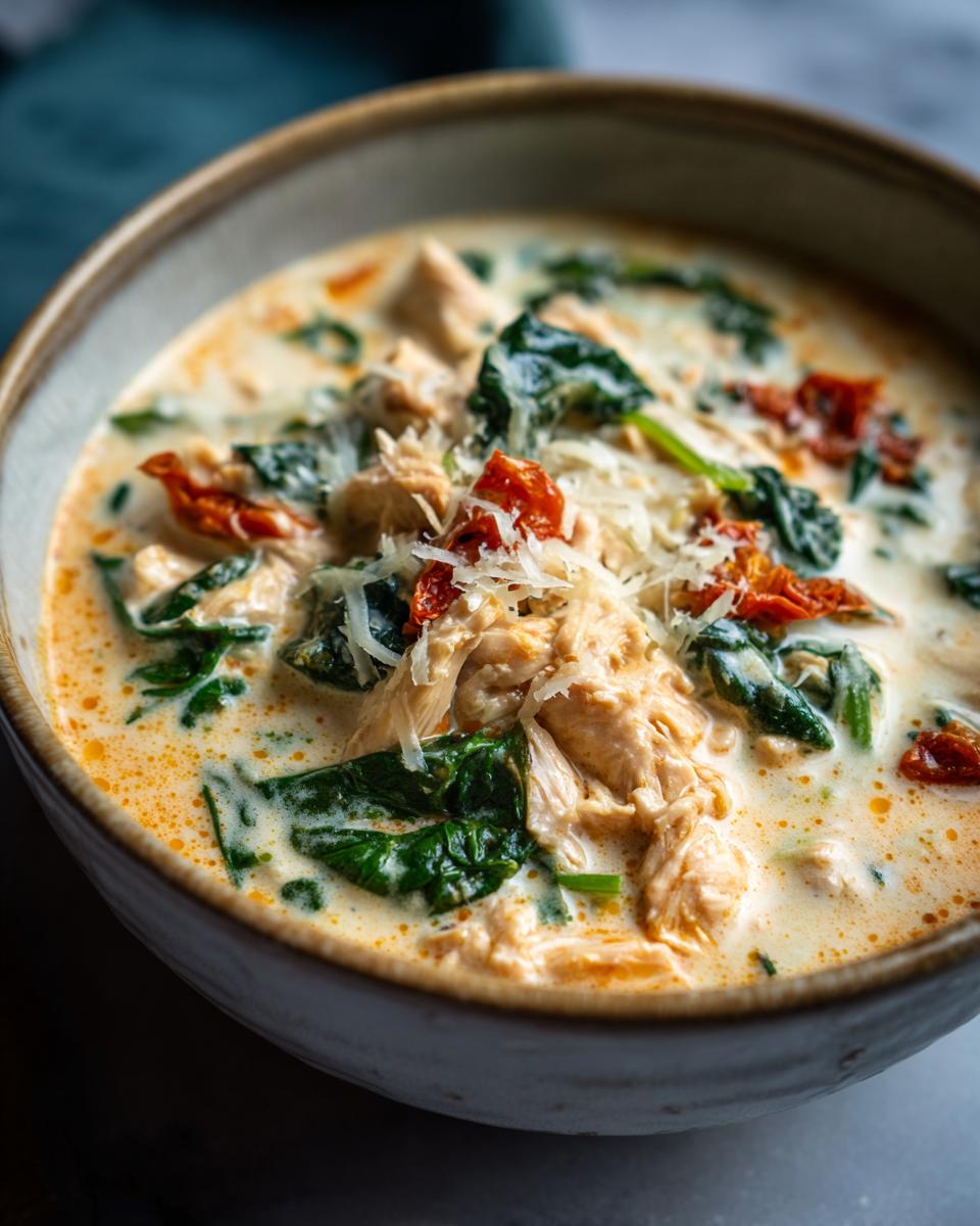 Close-up of a hearty bowl of creamy Tuscan chicken soup, featuring shredded chicken, spinach, and sun-dried tomatoes.
