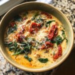 A close-up overhead shot of creamy Tuscan chicken soup topped with spinach, sun-dried tomatoes, and grated Parmesan cheese.