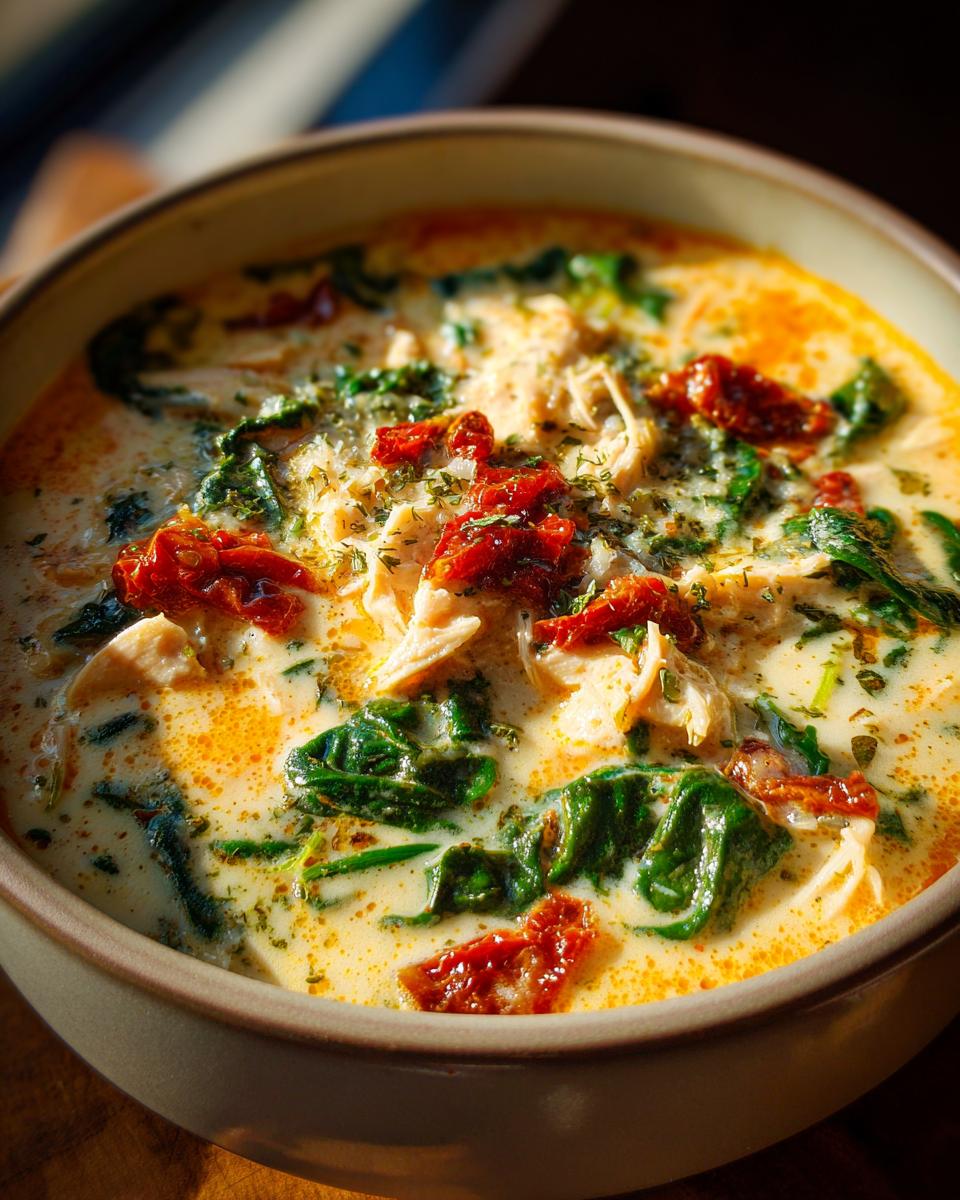 Close-up of a bowl of creamy Tuscan chicken soup, featuring shredded chicken, spinach, and sun-dried tomatoes.