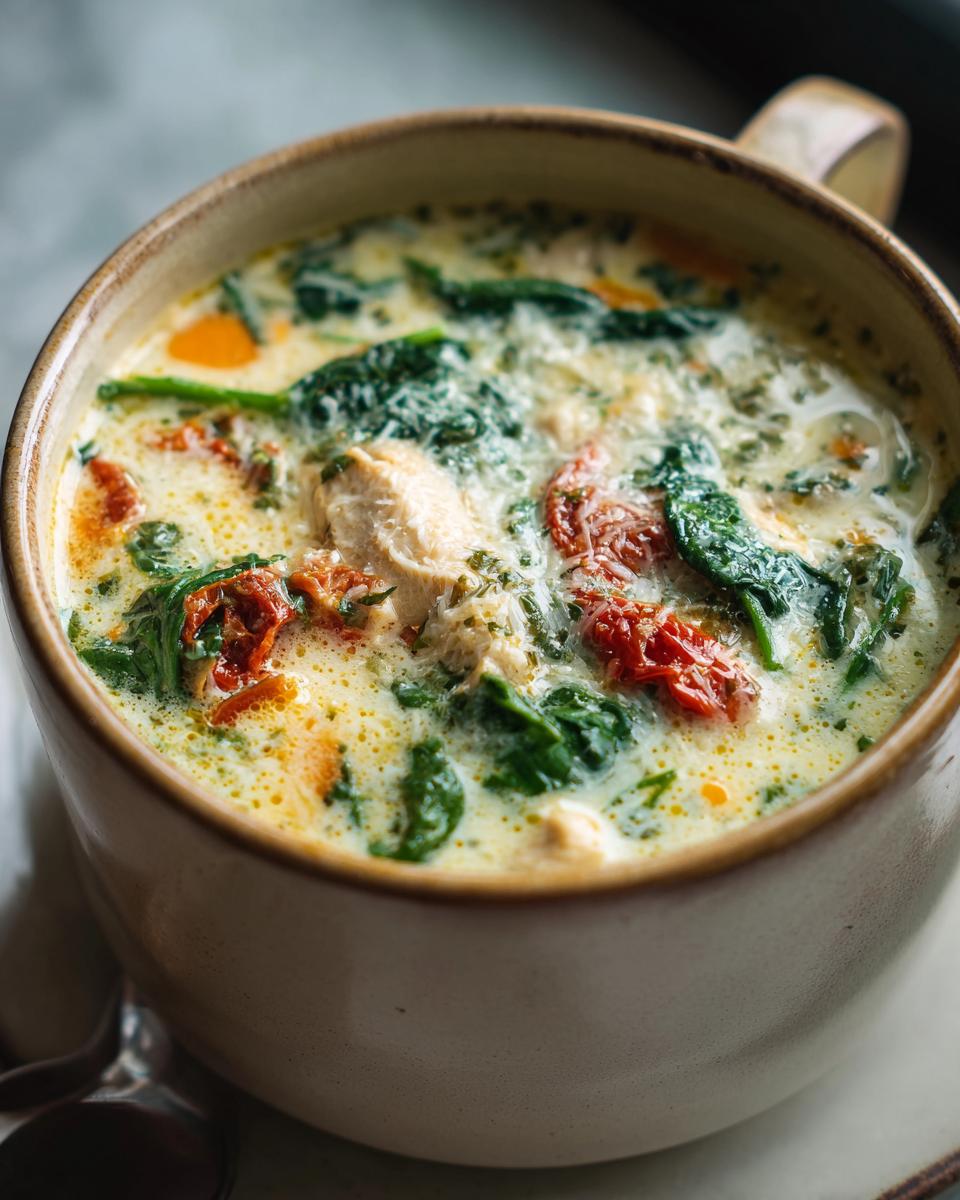 Close-up of creamy Tuscan chicken soup with spinach and sun-dried tomatoes in a beige mug.