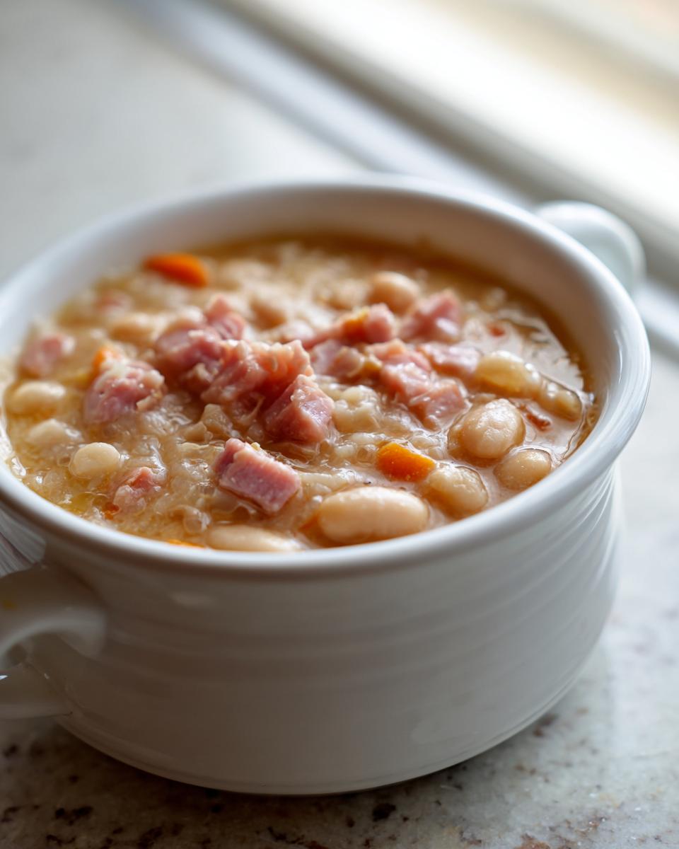 Close-up of a creamy white bean soup topped with diced ham and carrots in a white mug.