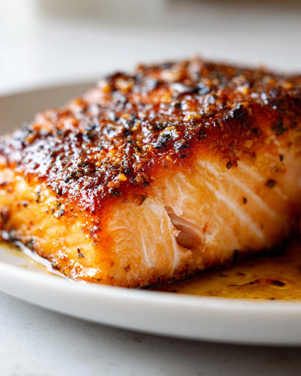 Close-up of a perfectly cooked, crispy seasoned air fryer salmon fillet resting in its juices on a white plate.