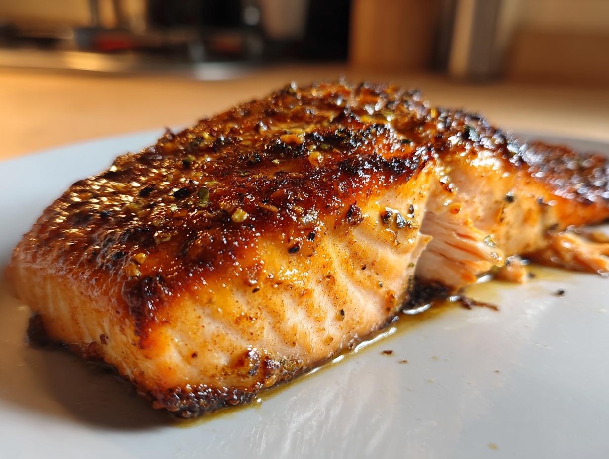 Close-up of a perfectly cooked, crispy air fryer salmon fillet with a glazed, seasoned crust.
