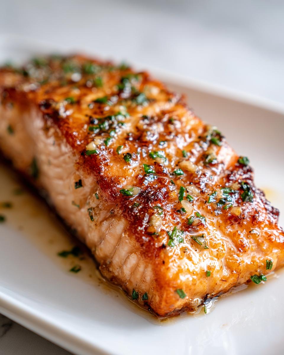 Close-up of a perfectly cooked, crispy air fryer salmon fillet topped with garlic and fresh parsley.