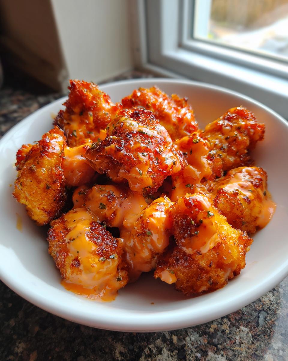 Close-up of crispy fried chicken pieces coated in a creamy, orange Bang Bang Chicken sauce and sprinkled with herbs.