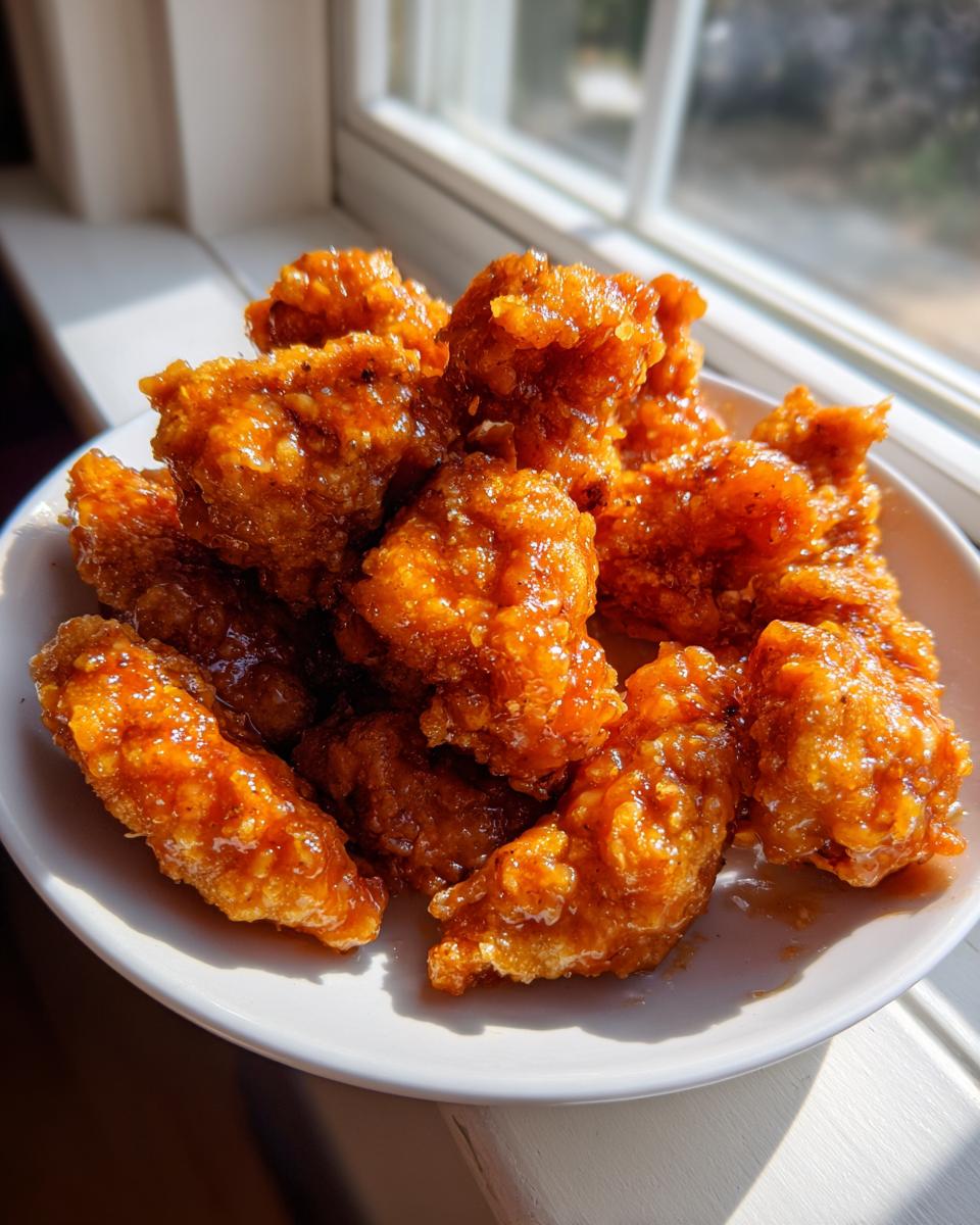Close-up of crispy, saucy Bang Bang Chicken pieces piled on a white plate near a window.