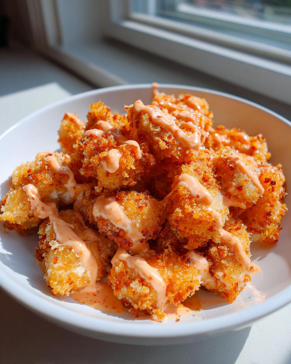 Golden, crispy pieces of Bang Bang Chicken drizzled generously with a creamy, orange-hued sauce in a white bowl.